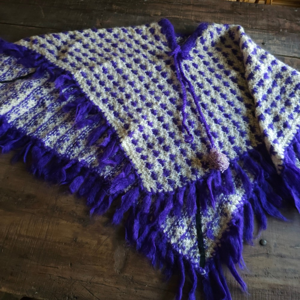 Vintage 1970s Marianne Shops Hand Knit Mohair Wool Poncho Purple Cream Italy
